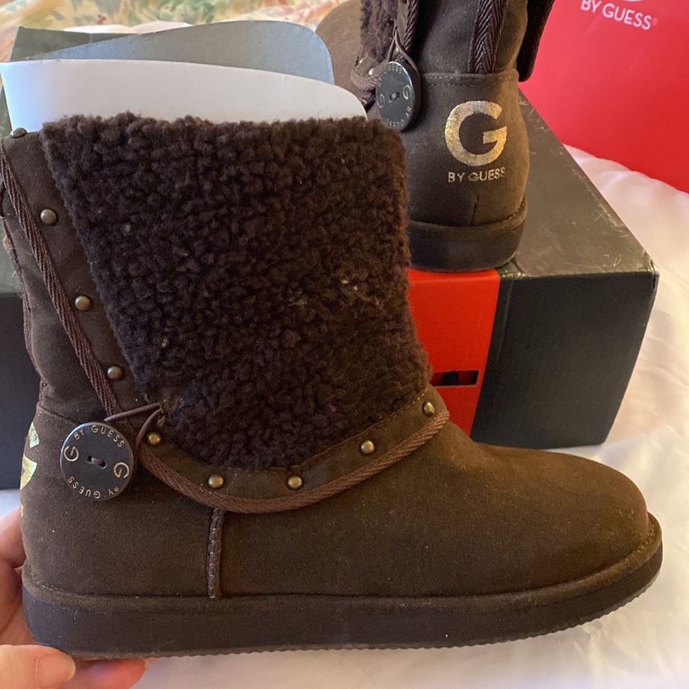 NIB G BY GUESS Y2K Brown Multi Fabric Boots Sz 7.5 - Picture 6 of 8